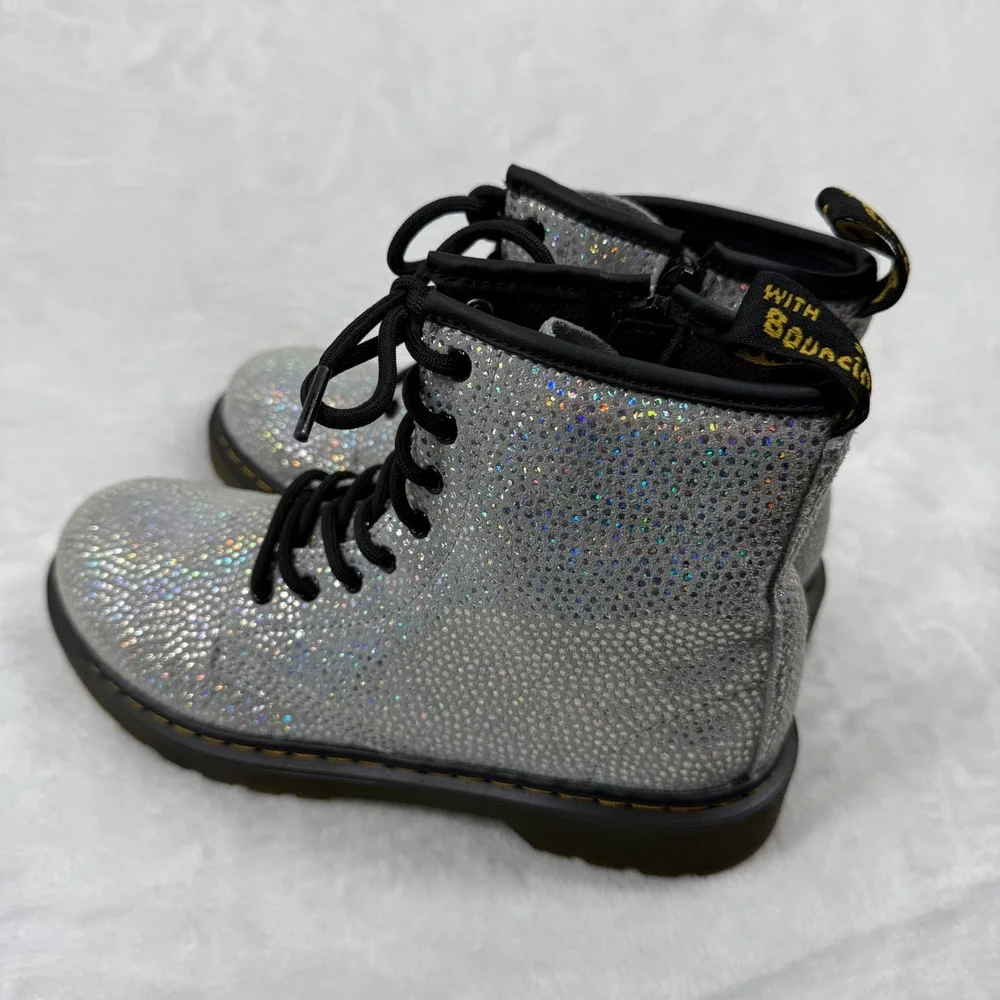 Dr. Martens 1460‎ Silver Holo Glitter Combat Boots Side Zip Kids Shoes M4 L5